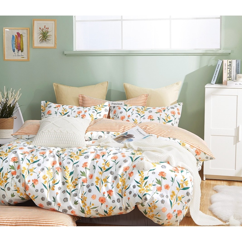 Estella Orange Floral 100% Cotton Reversible Comforter Set Queen Farmhouse Boho